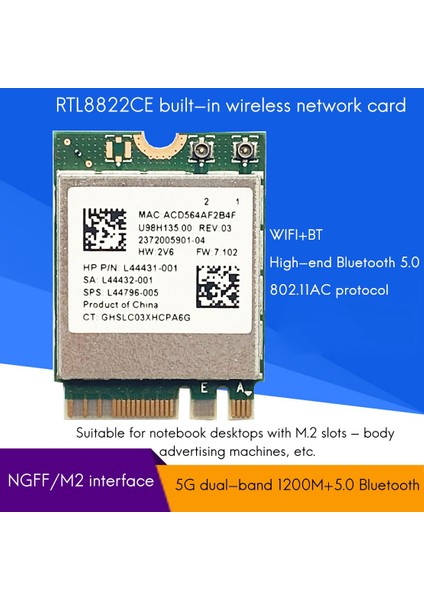 RTL8822CE Kablosuz Ağ Kartı 2.4g/5g Çift Bantlı Gigabit Wifi Bluetooth 5.0 M.2 Ngff Arayüzü Wifi Kablosuz Modülü (Yurt Dışından)