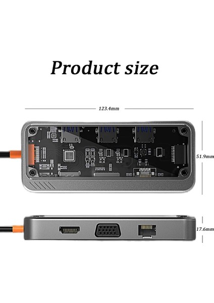 10 In 1 Type-C Hub 100W Şarj Destekli Şeffaf Sd KART-RJ45-HDMI-VGA-USB Çoğaltıcı