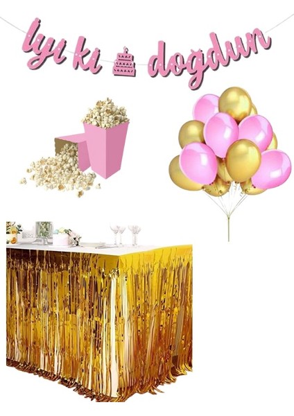 Pembe-Gold 20 Adet Balon Banner Mısır Kutu Masa Etekli Tamamlayıcı Parti Seti