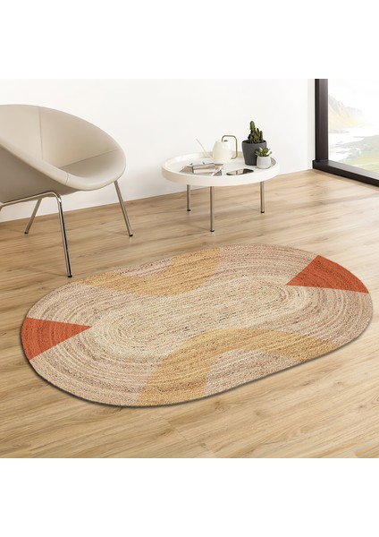 Soho Oval Turuncu Krem Geometrik Desenli Natural Modern Baskılı Jüt Örme Halı Hasır Kilim 80X80 cm 80 x 150 cm