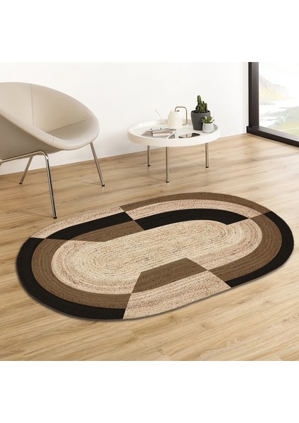 Soho Oval Parçalı Daireler Desenli Natural Modern Baskılı Jüt Örme Halı Hasır Kilim 150X150 cm 80 x 150 cm