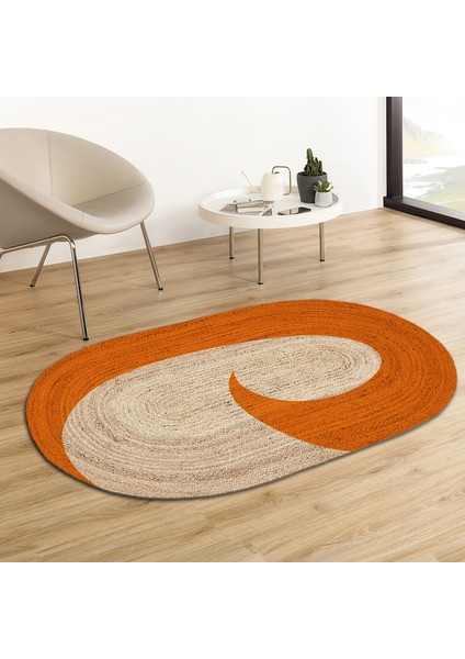 Soho Oval Turuncu Spiral Desenli Natural Modern Baskılı Jüt Örme Halı Hasır Kilim 80X80 cm 120 x 180 cm