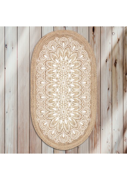 Soho Oval Beyaz Çiçek Mandala Desenli Natural Modern Baskılı Jüt Örme Halı Hasır Kilim 80 x 150 cm