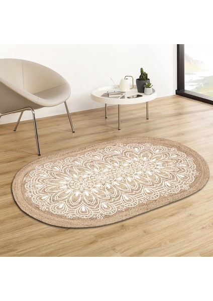 Soho Oval Beyaz Çiçek Mandala Desenli Natural Modern Baskılı Jüt Örme Halı Hasır Kilim 80 x 150 cm