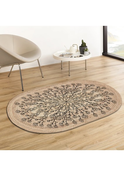 Soho Oval Siyah Geometrik Çiçekler Desenli Natural Modern Baskılı Jüt Örme Halı Hasır Kilim 80X80 cm 80 x 150 cm