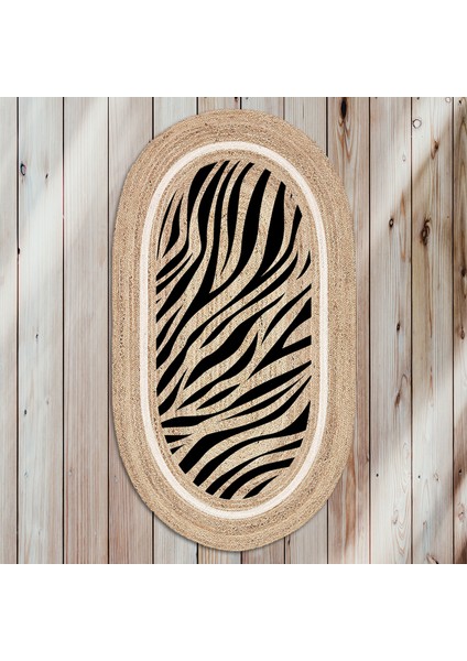 Soho Oval Zebra Desenli Natural Modern Baskılı Jüt Örme Halı Hasır Kilim 80 x 150 cm