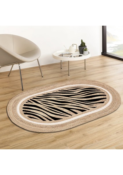 Soho Oval Zebra Desenli Natural Modern Baskılı Jüt Örme Halı Hasır Kilim 80 x 150 cm