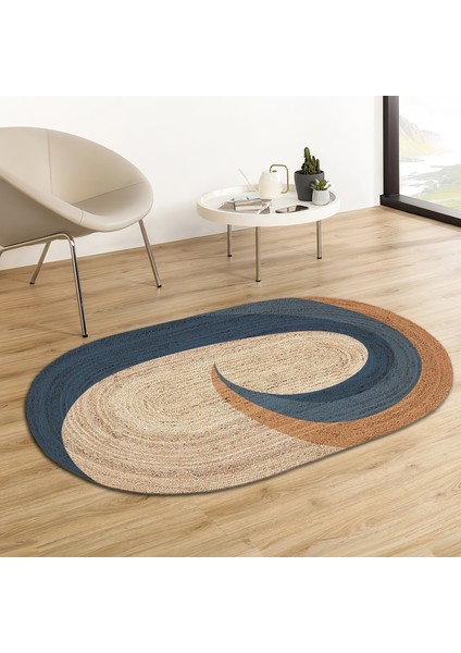 Soho Oval Katmanlı Spiral Desenli Natural Modern Baskılı Jüt Örme Halı Hasır Kilim 150X150 cm 80 x 150 cm