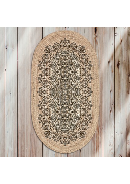 Soho Oval Siyah Damlacık Mandala Desenli Natural Modern Baskılı Jüt Örme Halı Hasır Kilim 80 x 150 cm