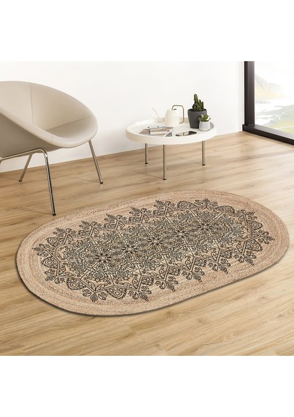 Soho Oval Siyah Damlacık Mandala Desenli Natural Modern Baskılı Jüt Örme Halı Hasır Kilim 80 x 150 cm