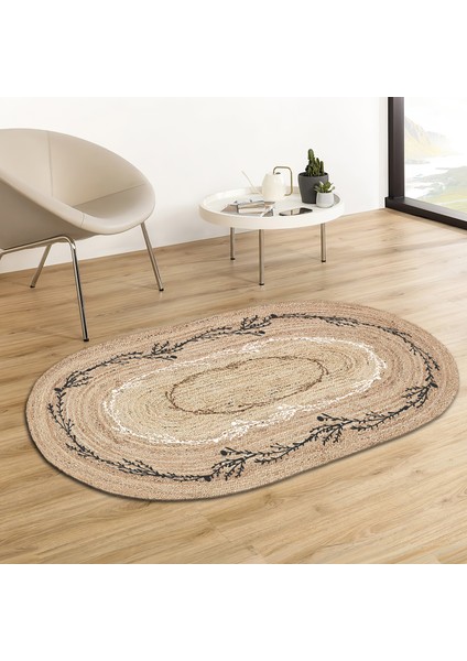 Soho Oval Geometrik Halka Zarif Dal Desenli Natural Modern Baskılı Jüt Örme Halı Hasır Kilim 80 x 150 cm