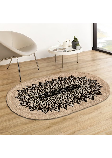 Soho Oval Geometrik Yapraklar Mandala Desenli Natural Modern Baskılı Jüt Örme Halı Hasır Kilim 80 x 150 cm