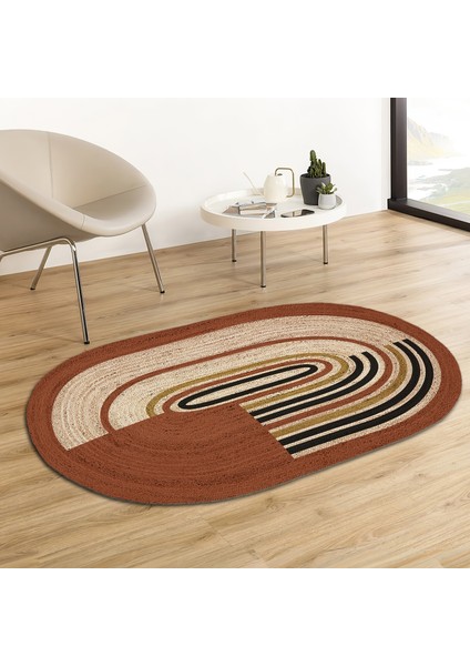 Soho Oval Dairesel Şerit Desenli Natural Modern Baskılı Jüt Örme Halı Hasır Kilim 80 x 150 cm