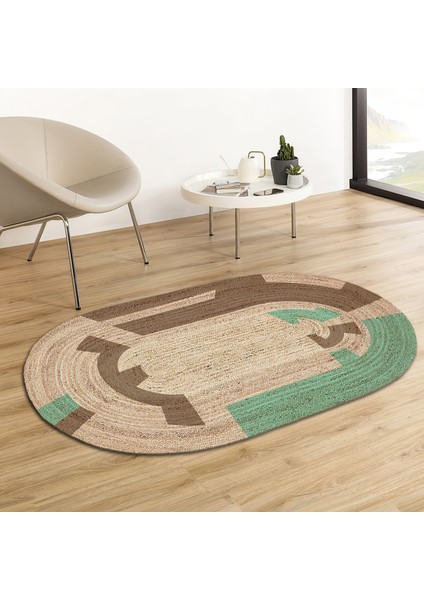 Soho Oval Geometrik Çark Desenli Natural Modern Baskılı Jüt Örme Halı Hasır Kilim 80X80 cm 120 x 180 cm