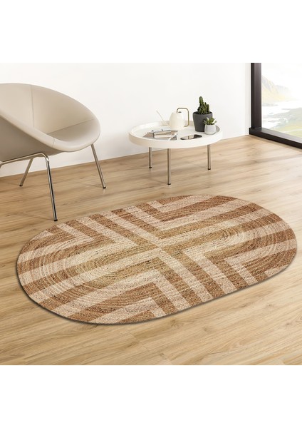 Soho Oval Simetrik Dikdörtgen Desenli Natural Modern Baskılı Jüt Örme Halı Hasır Kilim 80 x 150 cm