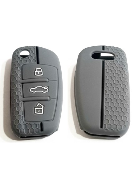 Audi A3 A4 A6 Oyulmuş Siyah Çizgili Silikon Anahtar Kumanda Kılıfı Oto Anahtarlık 3 Tuşlu Gri