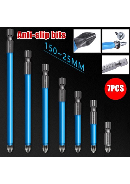 Dası 7 Adet/takım 25-150 mm Çapraz Kaymaz Uçlar Ph2 Kaymaz Elektrikli Tornavida Bit Manyetik El Aletleri Uçları Hassas Hex Shank (Yurt Dışından)