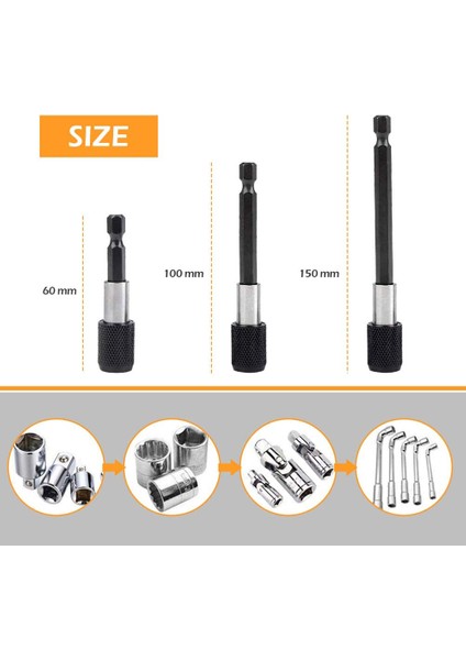 Altıgen Şaftlı Matkap Somun Sürücü Ucu Seti-3 * Manşon Çubuğu (1/4 Inç, 3/8 Inç, 1/2 Inç) 3 * Uzatma Çubuğu (60MM, 100MM, 150MM) 2 * Esnek Mil 1 * Köşe-Siyah (Yurt Dışından) indirimleri