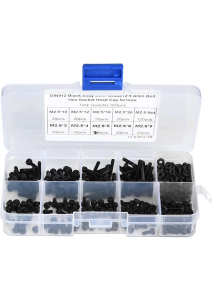 M2.5 x 3 ~ 20MM Metrik 12.9 Alaşımlı Çelik Altıgen Soket Başlı Kapak Vidası Cıvata Siyah 300 Adet (Yurt Dışından)