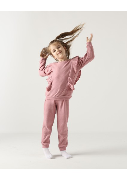 Fırfırlı Pamuklu Uzun Kollu Alt Üst Ikili Kız Çocuk Takım