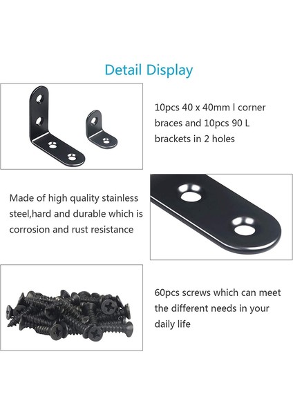 20 Adet Siyah L Parantez 90 Derece Açı Paslanmaz Çelik Bağlantı Braketi Bağlantı Elemanı Ahşap Sandalye Kitaplık Kurulu Pencere Mobilya Dolabı (10 ADET-40MM/10 ADET-20MM) (Yurt Dışından)