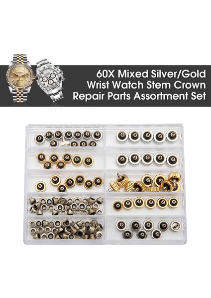60PCS Saat Taçları Karışık Altın Gümüş Yedek Parça Onarım Saatçi Parçaları A (Yurt Dışından) modelleri