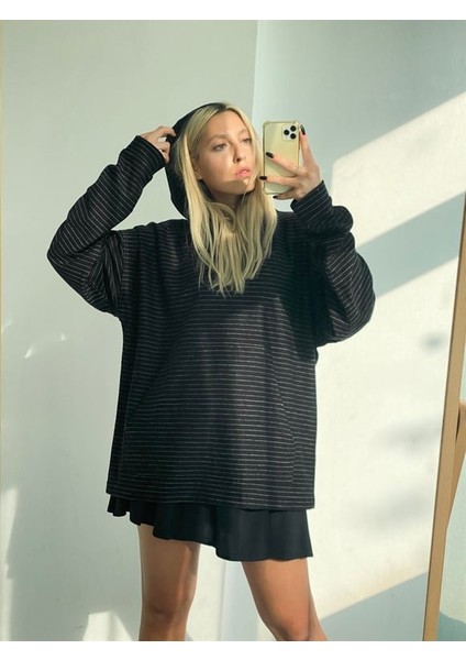 Polarlı Kalın Kışlık Oversize Kapüşonlu Sweatshirt Unisex Siyah