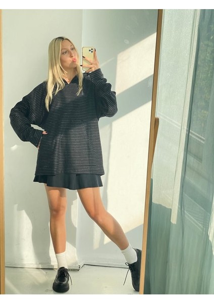 Polarlı Kalın Kışlık Oversize Kapüşonlu Sweatshirt Unisex Siyah