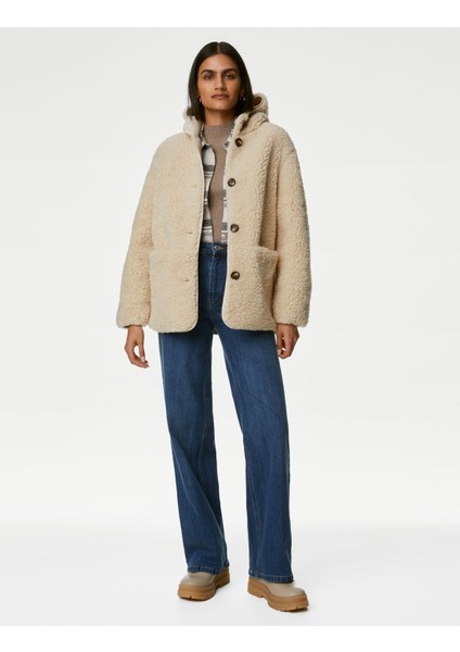 Relaxed Fit Kapüşonlu Borg Ceket