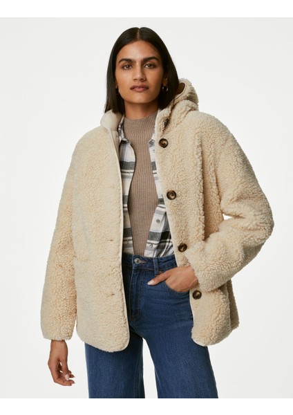 Relaxed Fit Kapüşonlu Borg Ceket