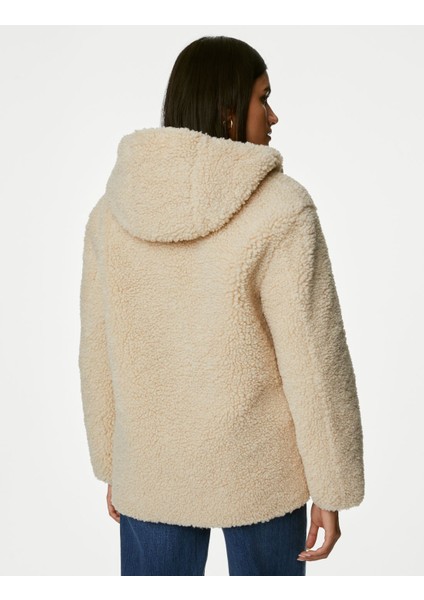 Relaxed Fit Kapüşonlu Borg Ceket