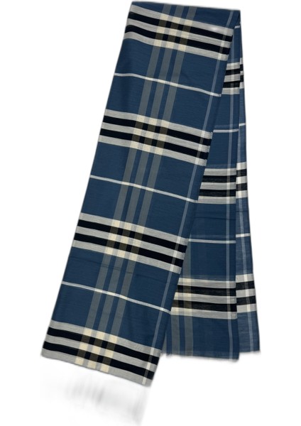 Ekose %80 Yün %20 İpek Mavi Siyah Kareli Şal 68X246 cm
