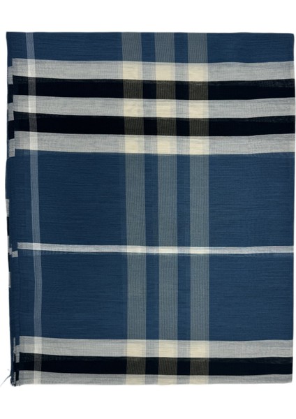Ekose %80 Yün %20 İpek Mavi Siyah Kareli Şal 68X246 cm