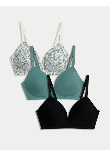 3'lü Destekli Pamuklu T-Shirt Sütyeni Seti