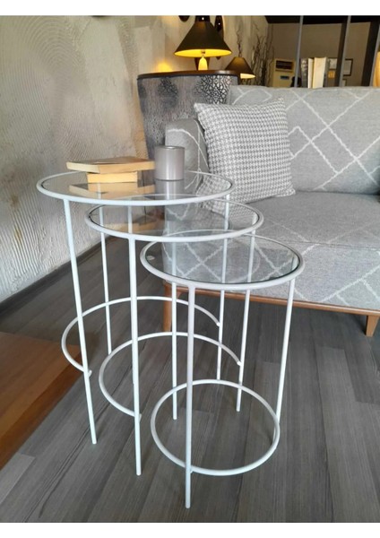 Meri 3'lü Nesting Zigon Metal Yan Sehpa Beyaz