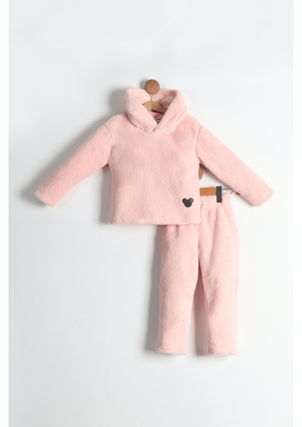 Çocuk Kapüşonlu Mickey Mouse Etiket Detaylı Peluş Sweatshirt ve Peluş Pantolon 2'li Alt Üst Takım