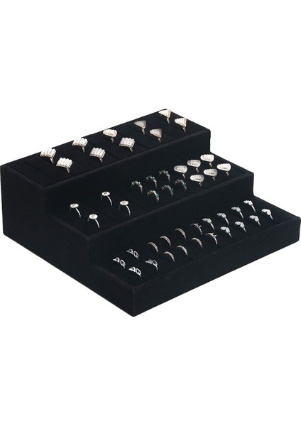 Kademeli Siyah Süet Yüzük & Bileklik & Kelepçe Standı (3 Katlı)