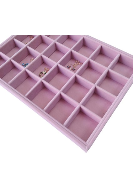 24 Bölmeli Kolye Ucu Küpe Yüzük Servis Tablası Pembe Süet