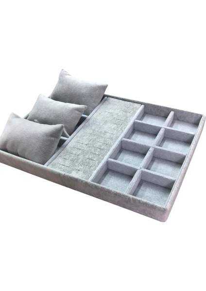 Organizatör Gri Süet Tabla Kolye & Yüzük Düzenleyici ( 3 Yastık )(8 Bölmeli)(28 Kesikli)