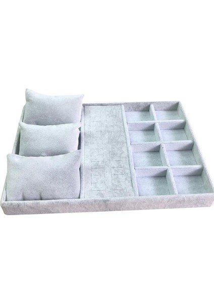 Organizatör Gri Süet Tabla Kolye & Yüzük Düzenleyici ( 3 Yastık )(8 Bölmeli)(28 Kesikli) modelleri