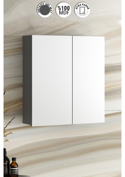 Çiğdem 65 cm Antrasit Gri Mat Mdf Aynalı Asma Banyo Üst Dolabı