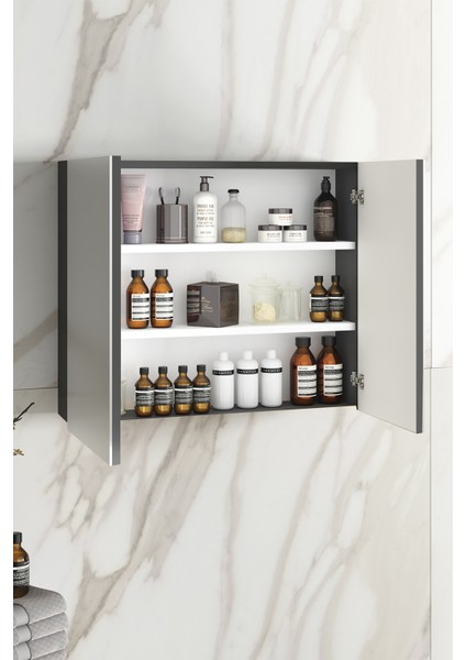 Çiğdem 65 cm Antrasit Gri Mat Mdf Aynalı Asma Banyo Üst Dolabı modelleri
