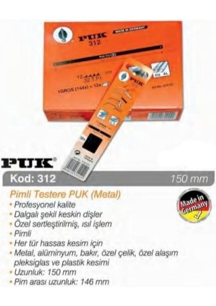 Fırat Hırdavat Puk Pimli Testere Ağzı Metal (12 Adet) 312