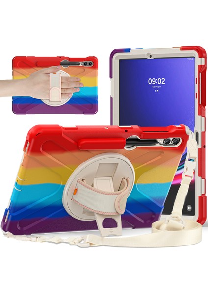 Samsung Galaxy Tab S9+ / S8+ / S7+ / S7 Fe Şok Geçirmez Pc+ Silikon Sağlam Tablet Kılıf Kickstand El Bant / Kayış (Yurt Dışından)