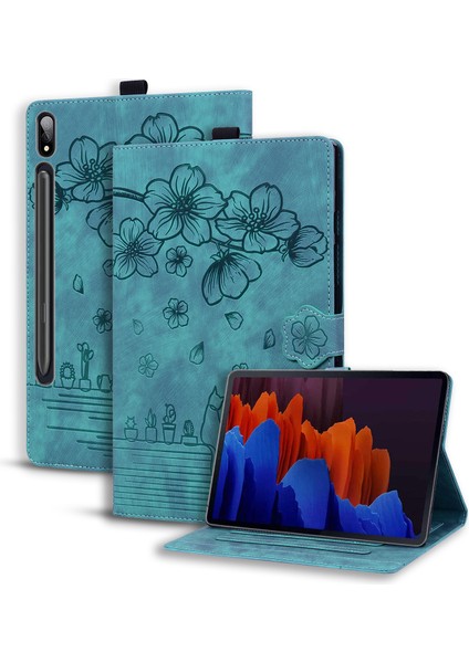 Samsung Galaxy Tab S9+ Pu Deri Kart Tutucu Kapak Çiçek Kedi Baskılı Tablet Stand Kılıfı (Yurt Dışından)