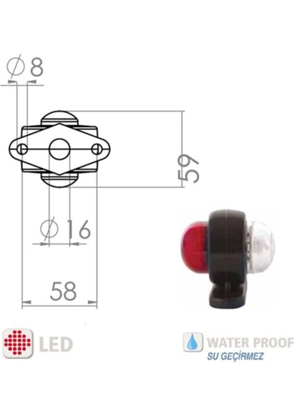 Mini Takoz Tek Ledli Kırmızı-Beyaz 12V-24V modelleri