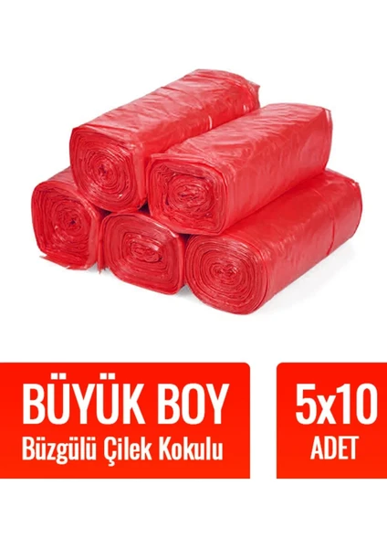 Büzgülü Büyük Boy Çilek Kokulu Çöp Torbası 10'lu 5 Rulo 65 x 70 cm Çöp Poşeti