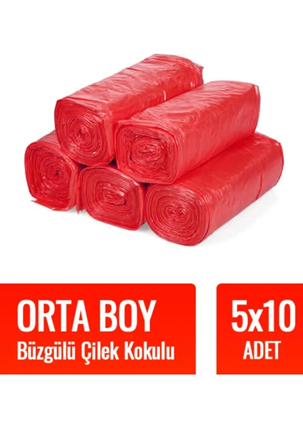 Büzgülü Orta Boy Çilek Kokulu Çöp Torbası 10'lu 5 Rulo 55 x 60 Çöp Poşeti