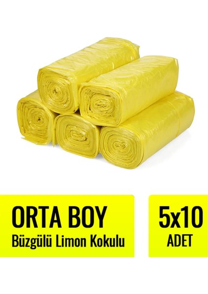 Büzgülü Orta Boy Limon Kokulu Çöp Torbası 10'lu 5 Rulo 55 x 60 cm Çöp Poşeti