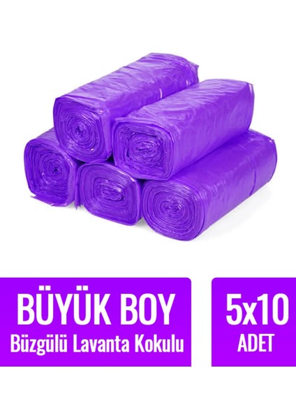 Büzgülü Büyük Boy Lavanta Kokulu Çöp Torbası 10'lu 5 Rulo 65 x 70 cm Çöp Poşeti